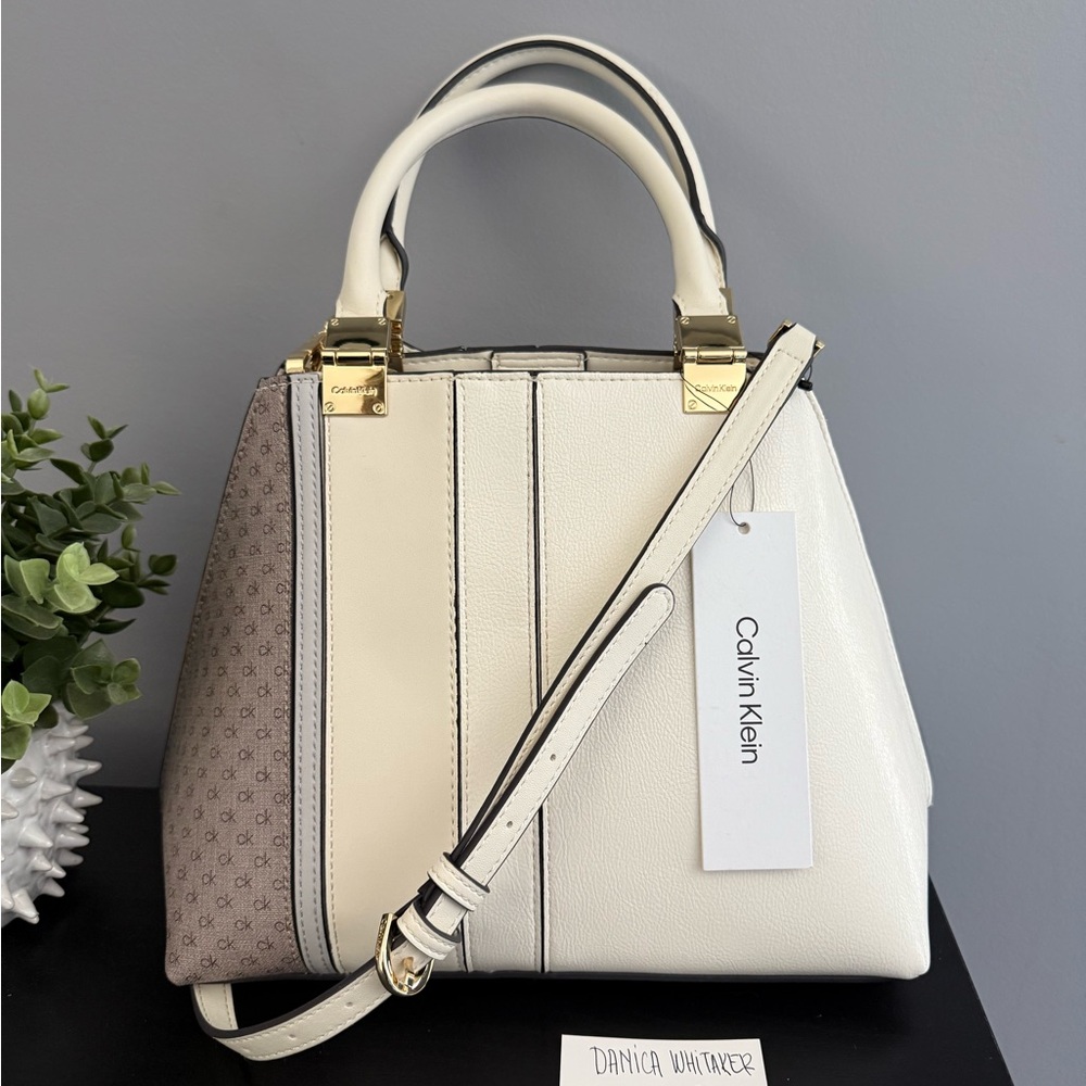 NWT Calvin Klein Granite Three-Tone geometric Satchel in Cream and Brown